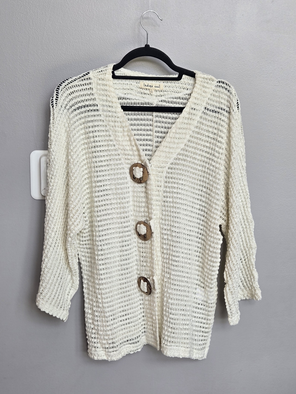 Indigo Soul Cream Open Knit Crochet Cardigan Sweater Large Boho Chunky Button